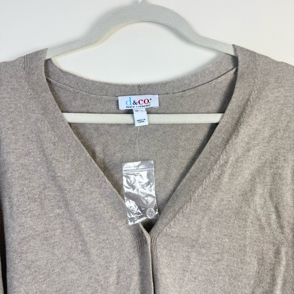 D & Co Women Cardigan Sweater VNeck Biege sz XL Stretch Ribbed Boho Indie Button - Picture 3 of 10